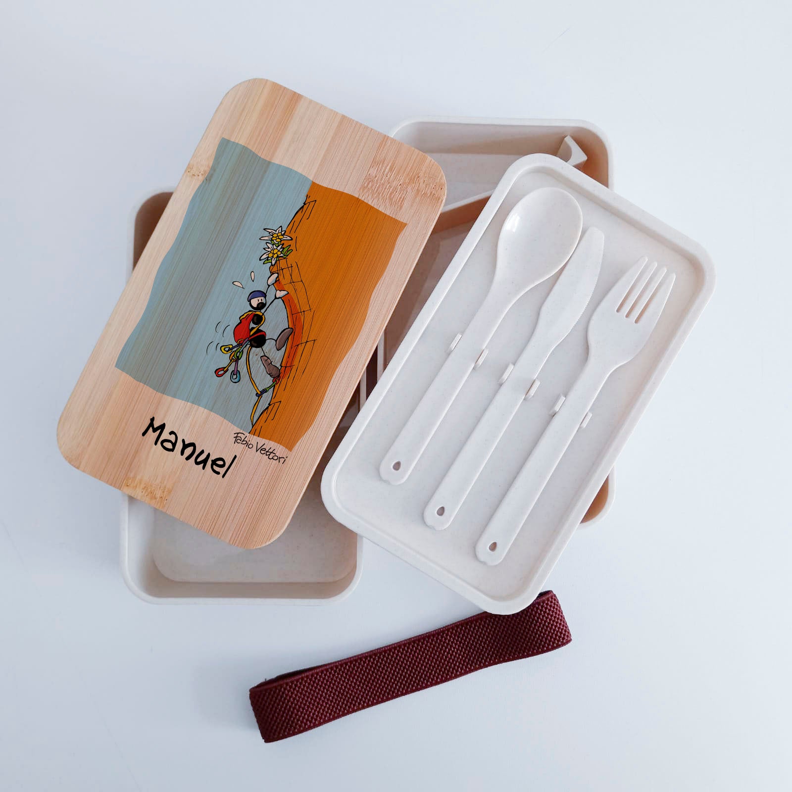 Scatola Porta Pranzo con coperchio in bambù e Posate Personalizzata soggetto "Rocciatore"