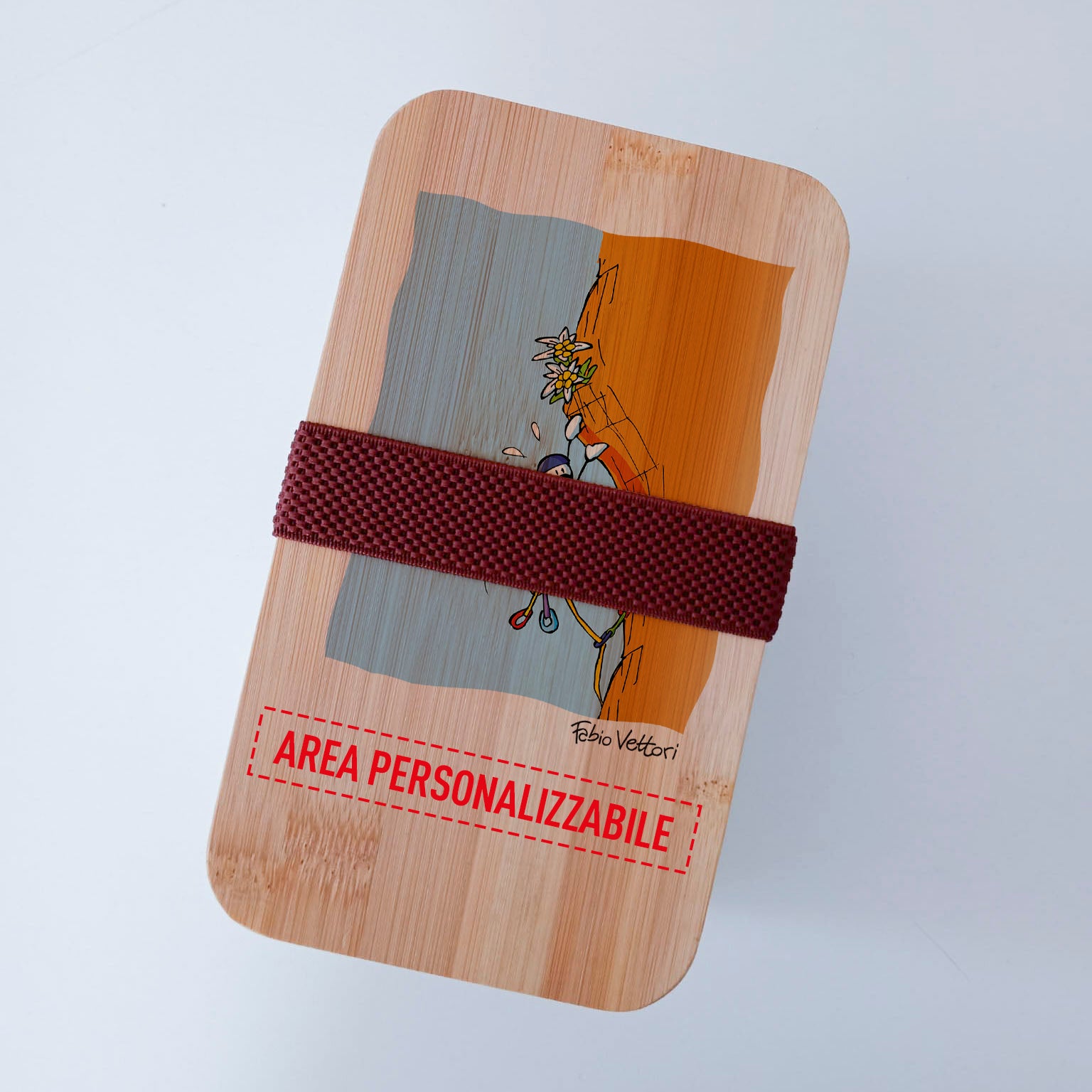 Scatola Porta Pranzo con coperchio in bambù e Posate Personalizzata soggetto "Rocciatore"