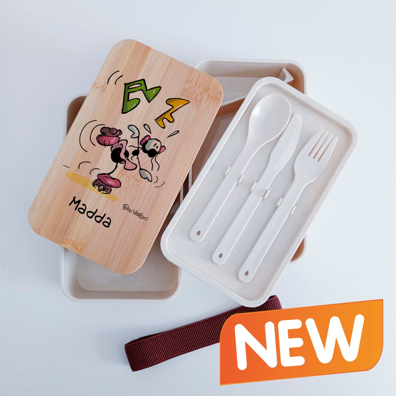 Scatola Porta Pranzo con coperchio in bambù e Posate Personalizzata soggetto "Pattini a rotelle"