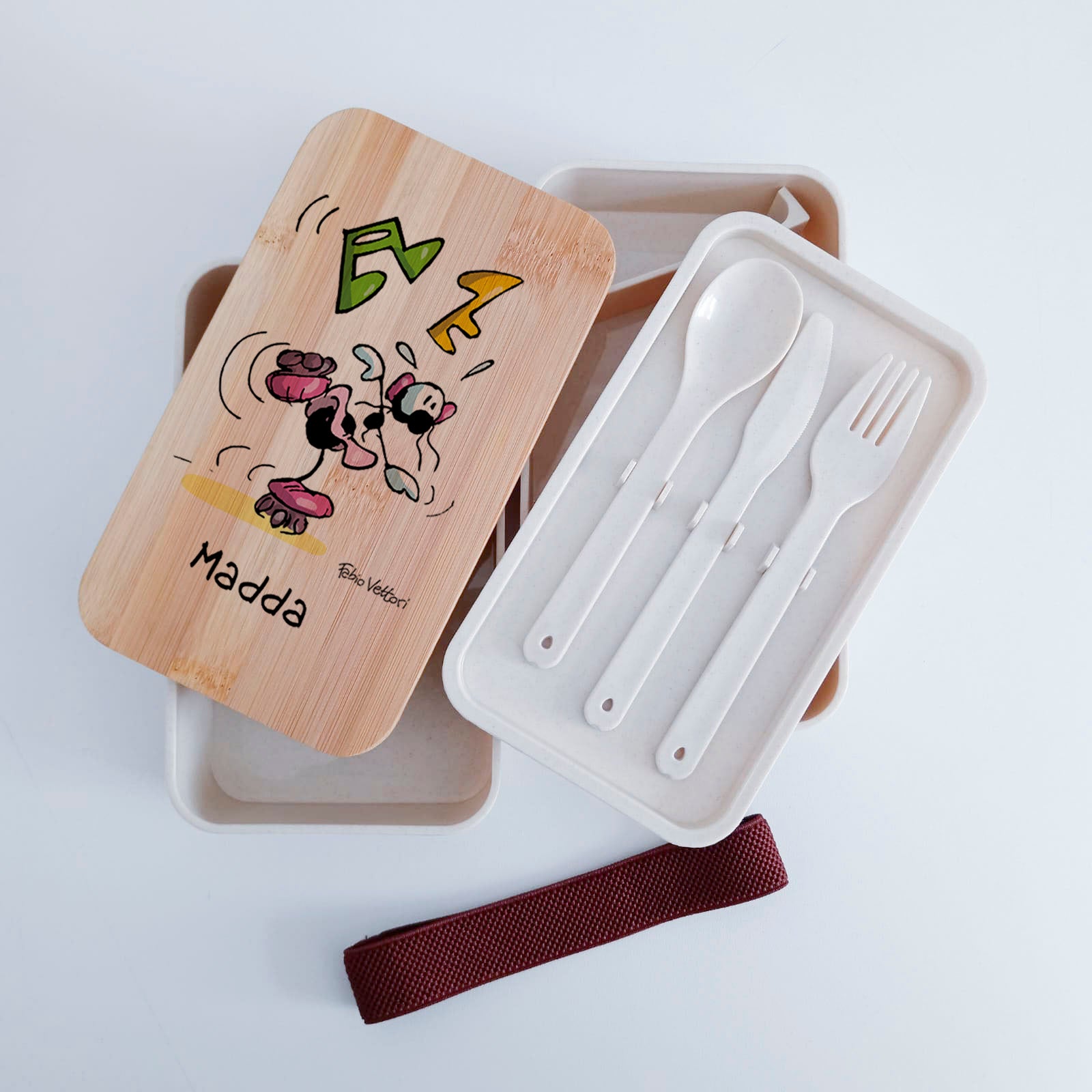 Scatola Porta Pranzo con coperchio in bambù e Posate Personalizzata soggetto "Pattini a rotelle"