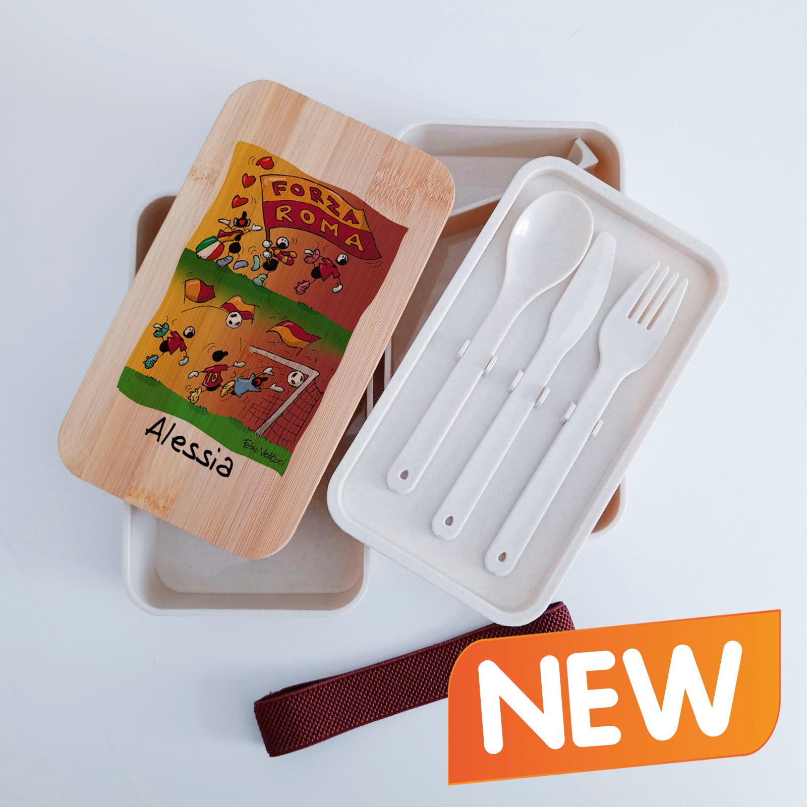 Scatola Porta Pranzo con coperchio in bambù e Posate Personalizzata soggetto "Forza Roma"