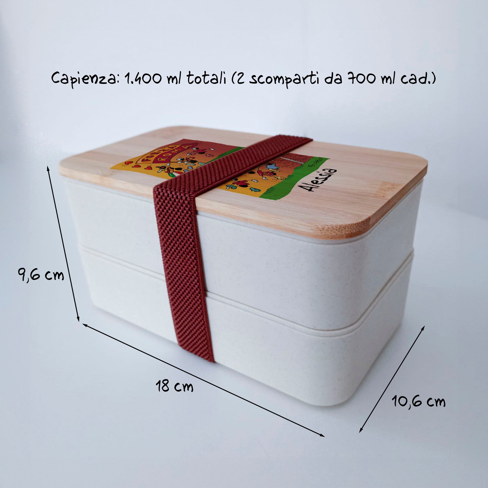 Scatola Porta Pranzo con coperchio in bambù e Posate Personalizzata soggetto "Forza Roma"