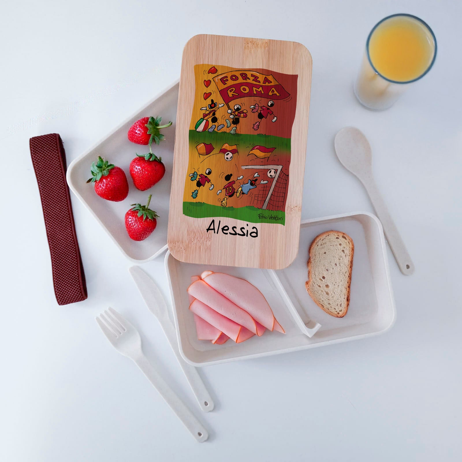 Scatola Porta Pranzo con coperchio in bambù e Posate Personalizzata soggetto "Forza Roma"