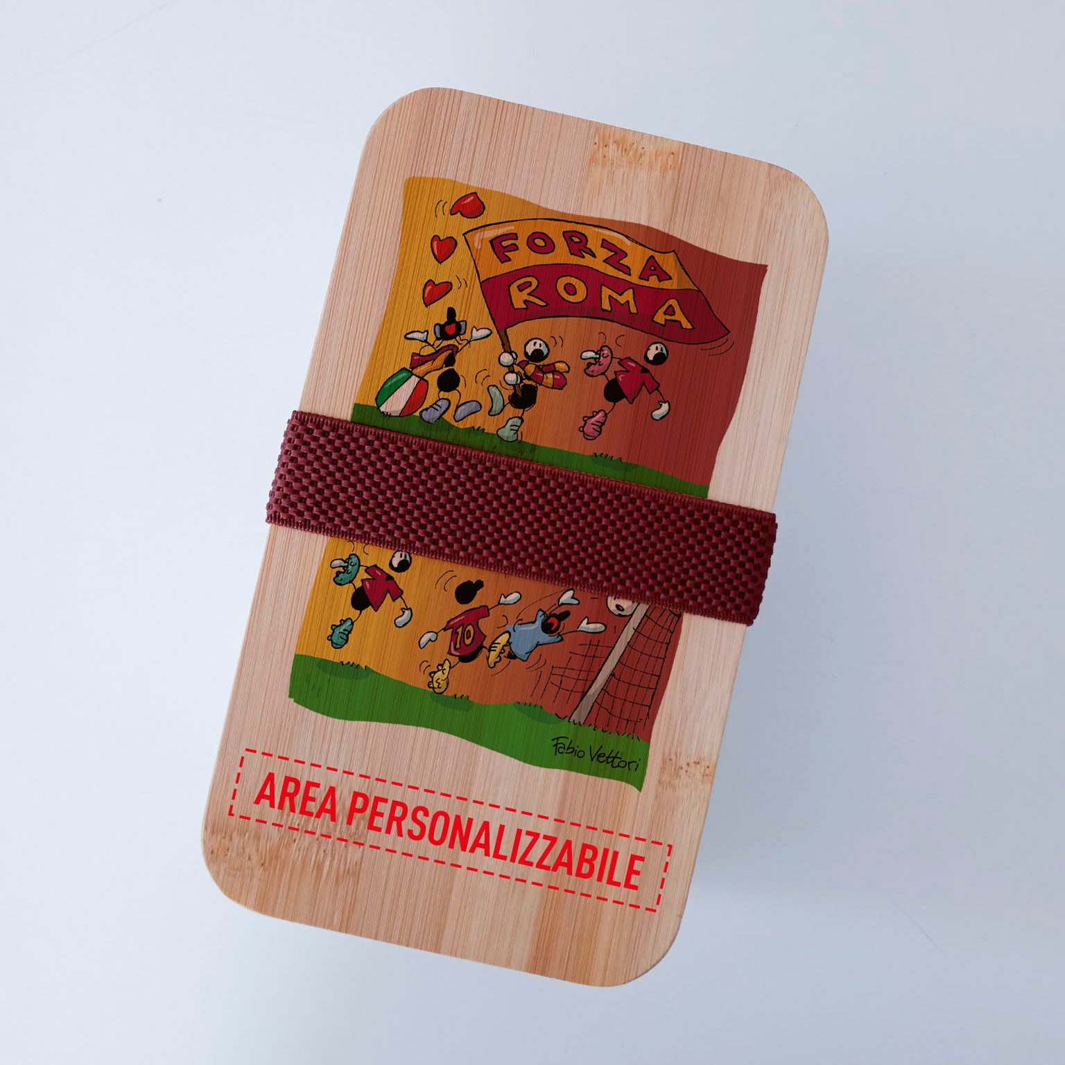 Scatola Porta Pranzo con coperchio in bambù e Posate Personalizzata soggetto "Forza Roma"