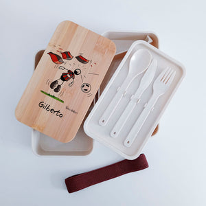 Scatola Porta Pranzo con coperchio in bambù e Posate Personalizzata soggetto "Rossonero"