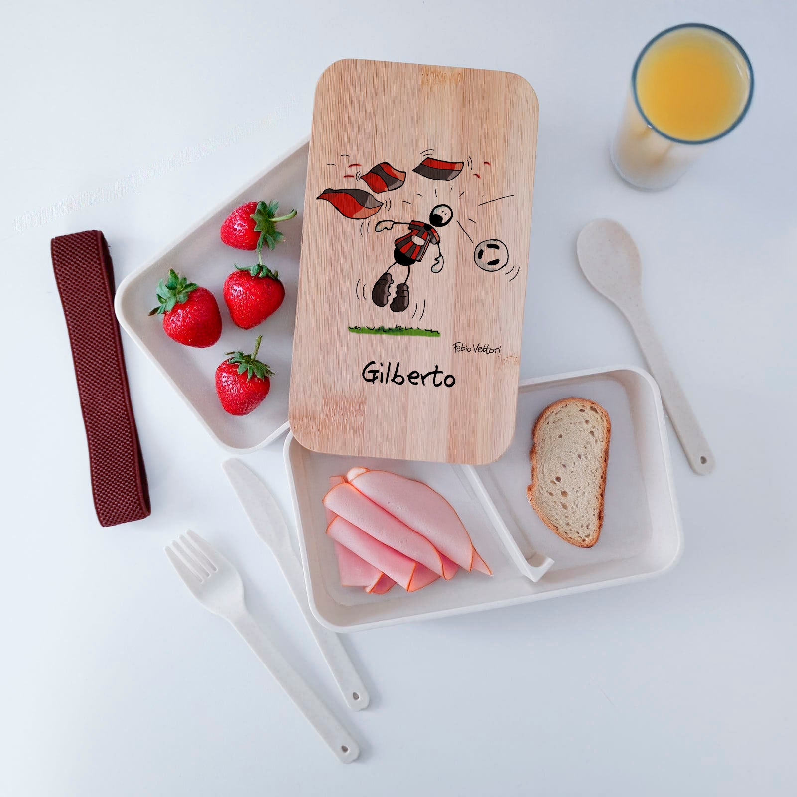 Scatola Porta Pranzo con coperchio in bambù e Posate Personalizzata soggetto "Rossonero"