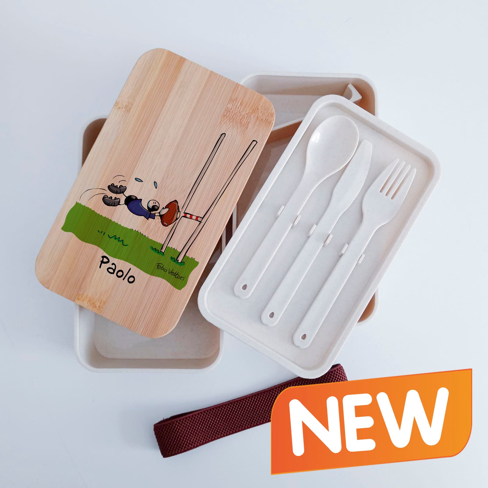 Scatola Porta Pranzo con coperchio in bambù e Posate Personalizzata soggetto "Rugby"