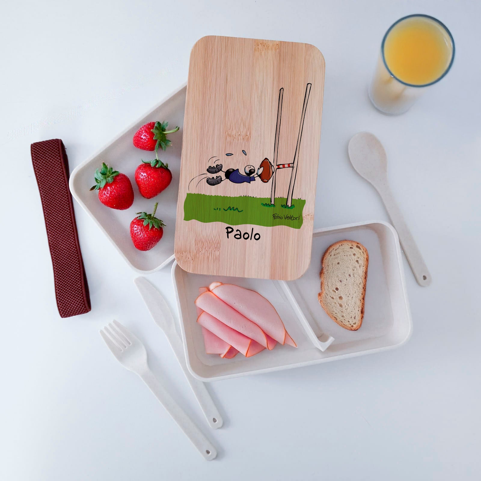 Scatola Porta Pranzo con coperchio in bambù e Posate Personalizzata soggetto "Rugby"