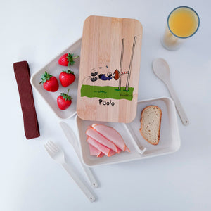 Scatola Porta Pranzo con coperchio in bambù e Posate Personalizzata soggetto "Rugby"