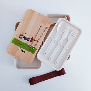 Scatola Porta Pranzo con coperchio in bambù e Posate Personalizzata soggetto "Rugby"