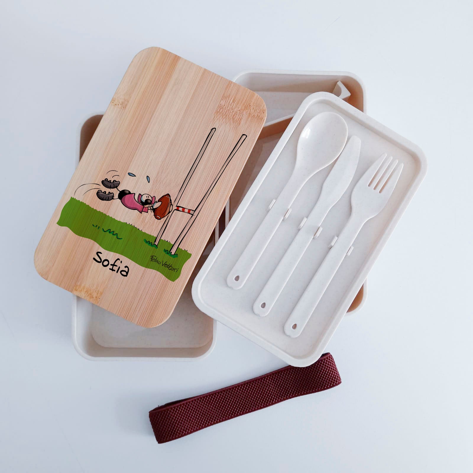 Scatola Porta Pranzo con coperchio in bambù e Posate Personalizzata soggetto "Rugby"