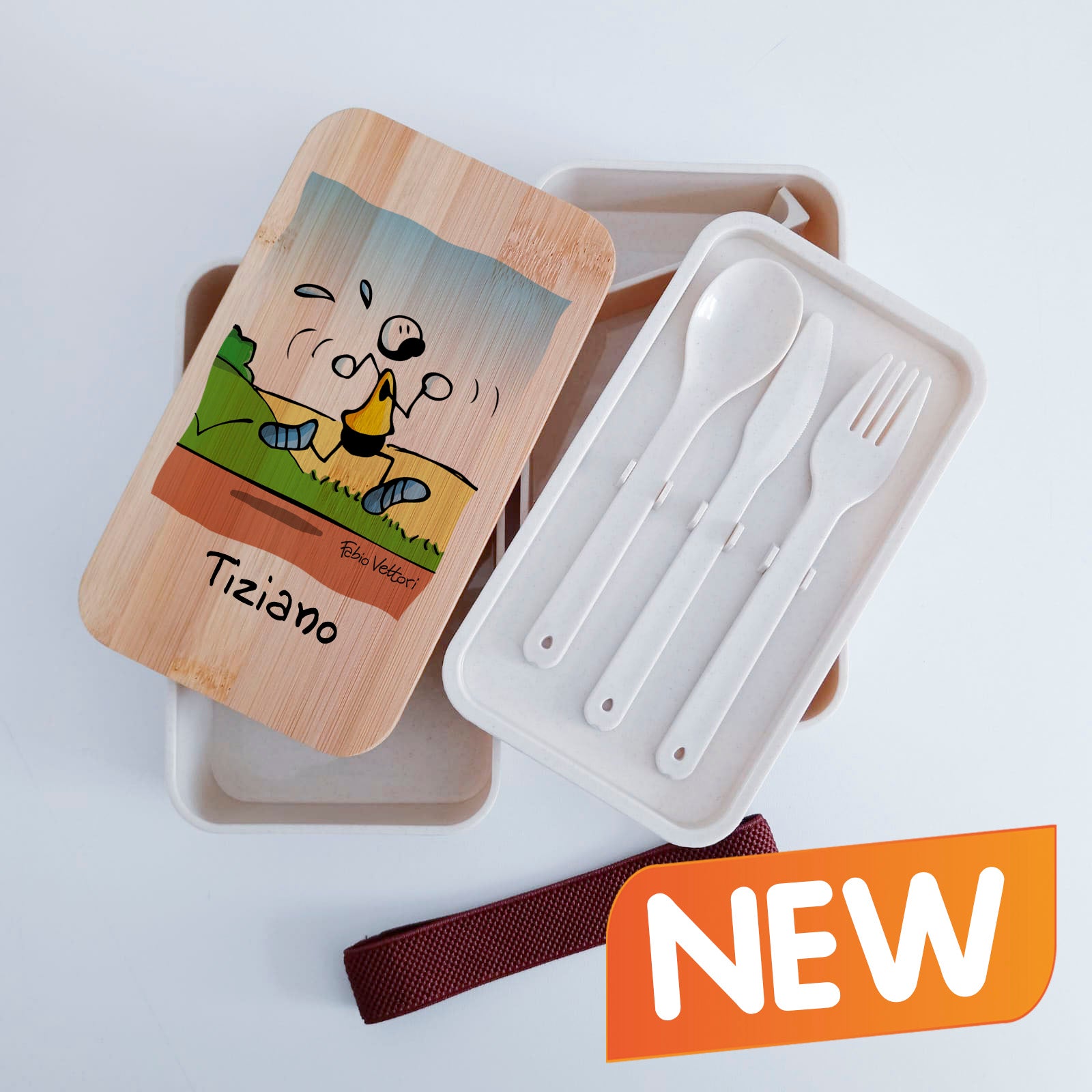Scatola Porta Pranzo con coperchio in bambù e Posate Personalizzata soggetto "Runner"