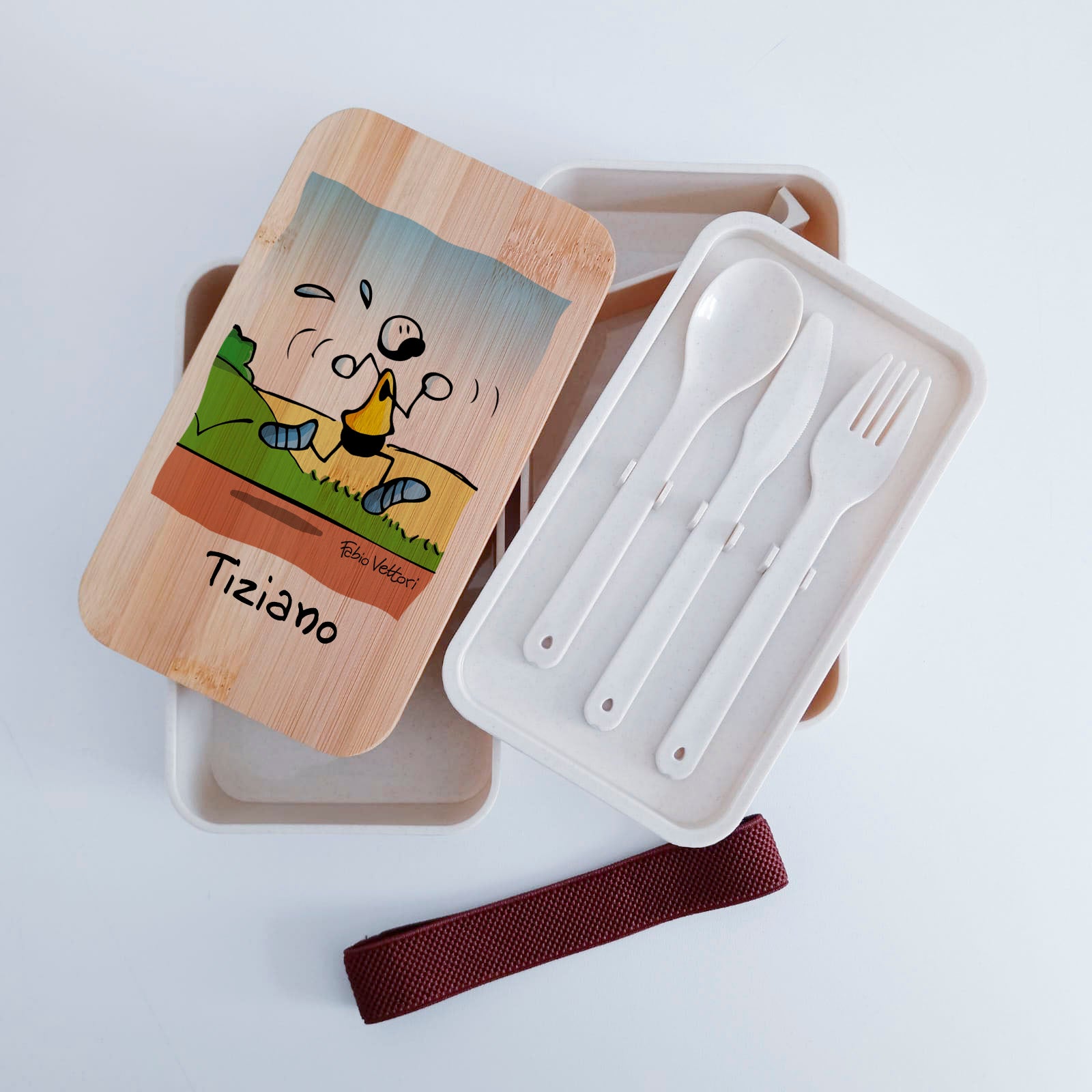 Scatola Porta Pranzo con coperchio in bambù e Posate Personalizzata soggetto "Runner"