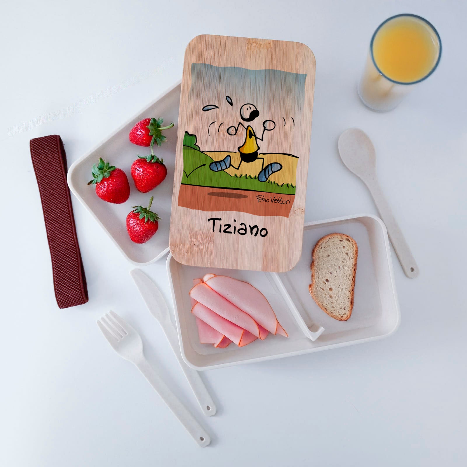Scatola Porta Pranzo con coperchio in bambù e Posate Personalizzata soggetto "Runner"