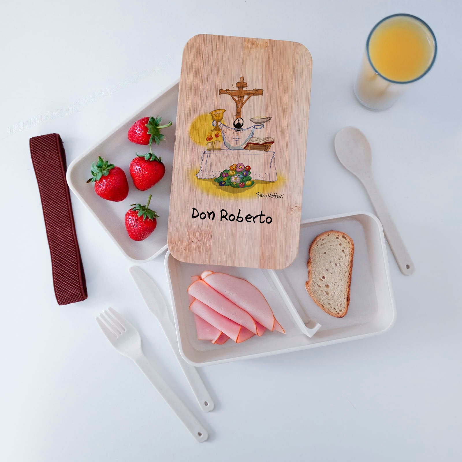 Scatola Porta Pranzo con coperchio in bambù e Posate Personalizzata soggetto "Sacerdote"