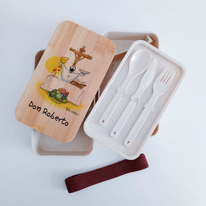 Scatola Porta Pranzo con coperchio in bambù e Posate Personalizzata soggetto "Sacerdote"