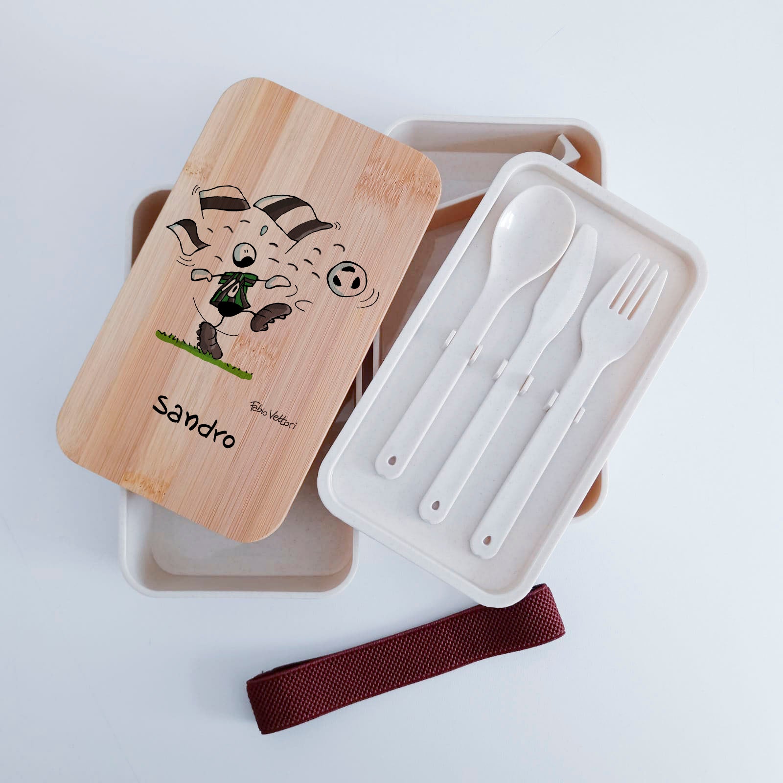 Scatola Porta Pranzo con coperchio in bambù e Posate Personalizzata soggetto "Sassuolo"
