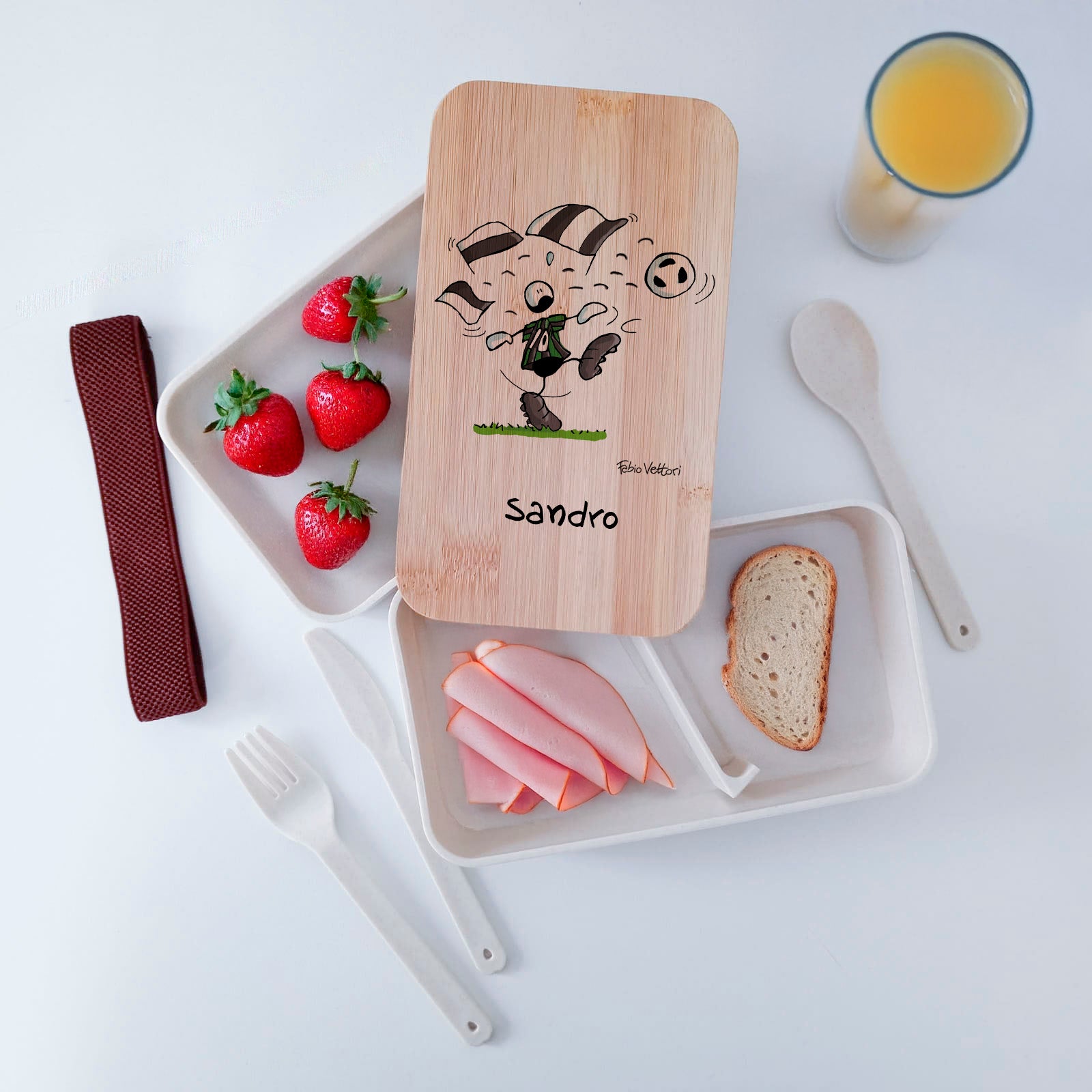 Scatola Porta Pranzo con coperchio in bambù e Posate Personalizzata soggetto "Sassuolo"