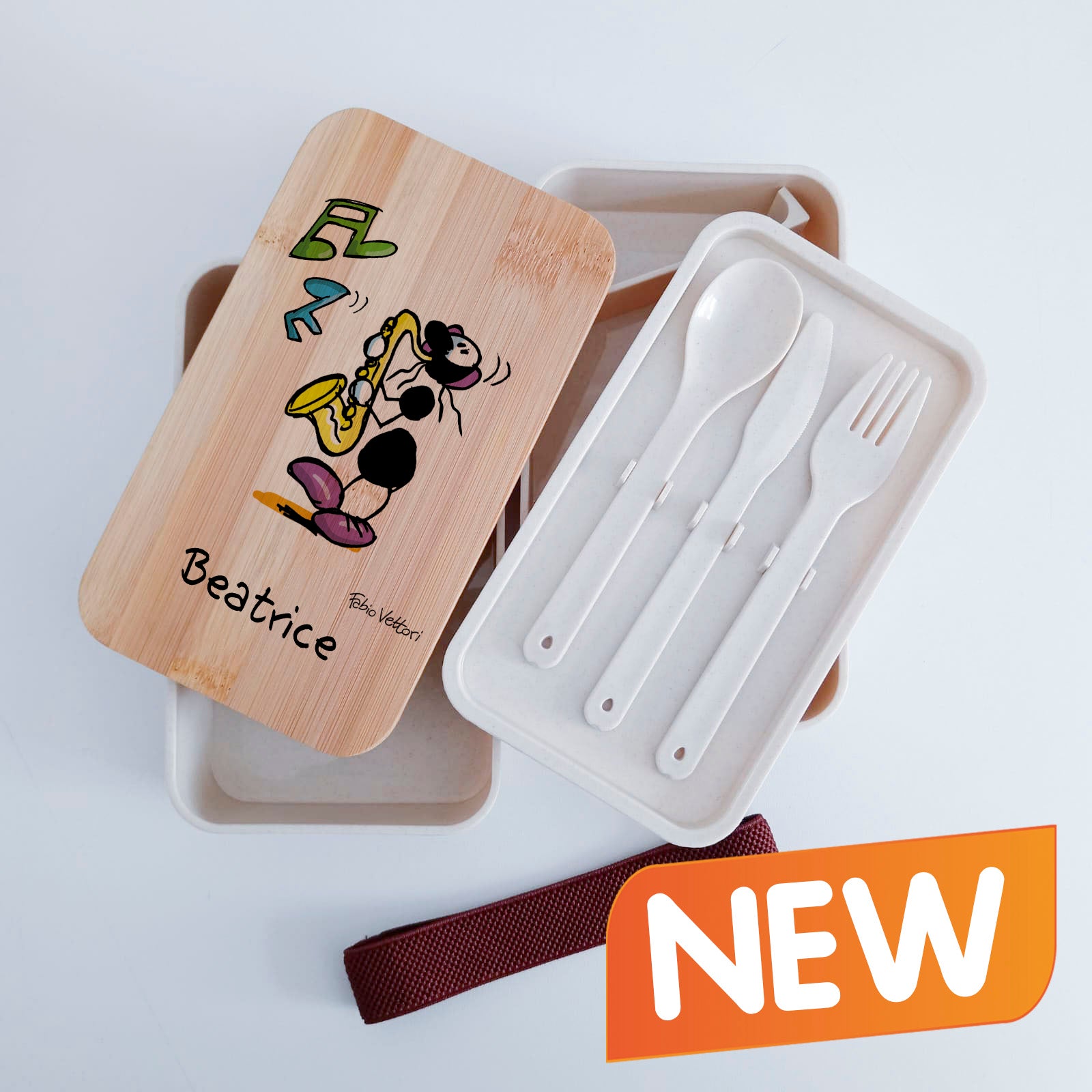 Scatola Porta Pranzo con coperchio in bambù e Posate Personalizzata soggetto "Sax"