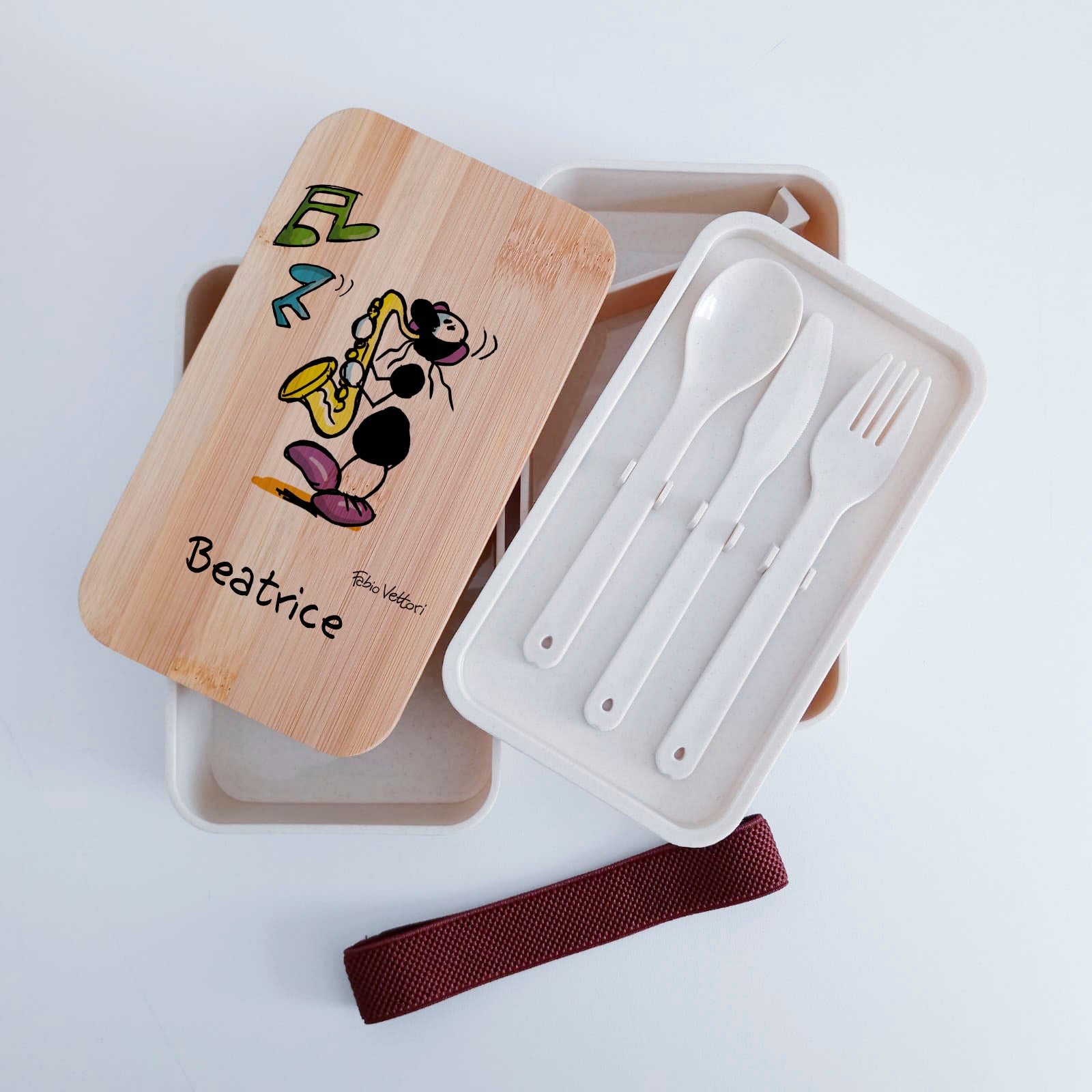Lunch Box with Cutlery Holder Band Personalized with "Sax" Theme