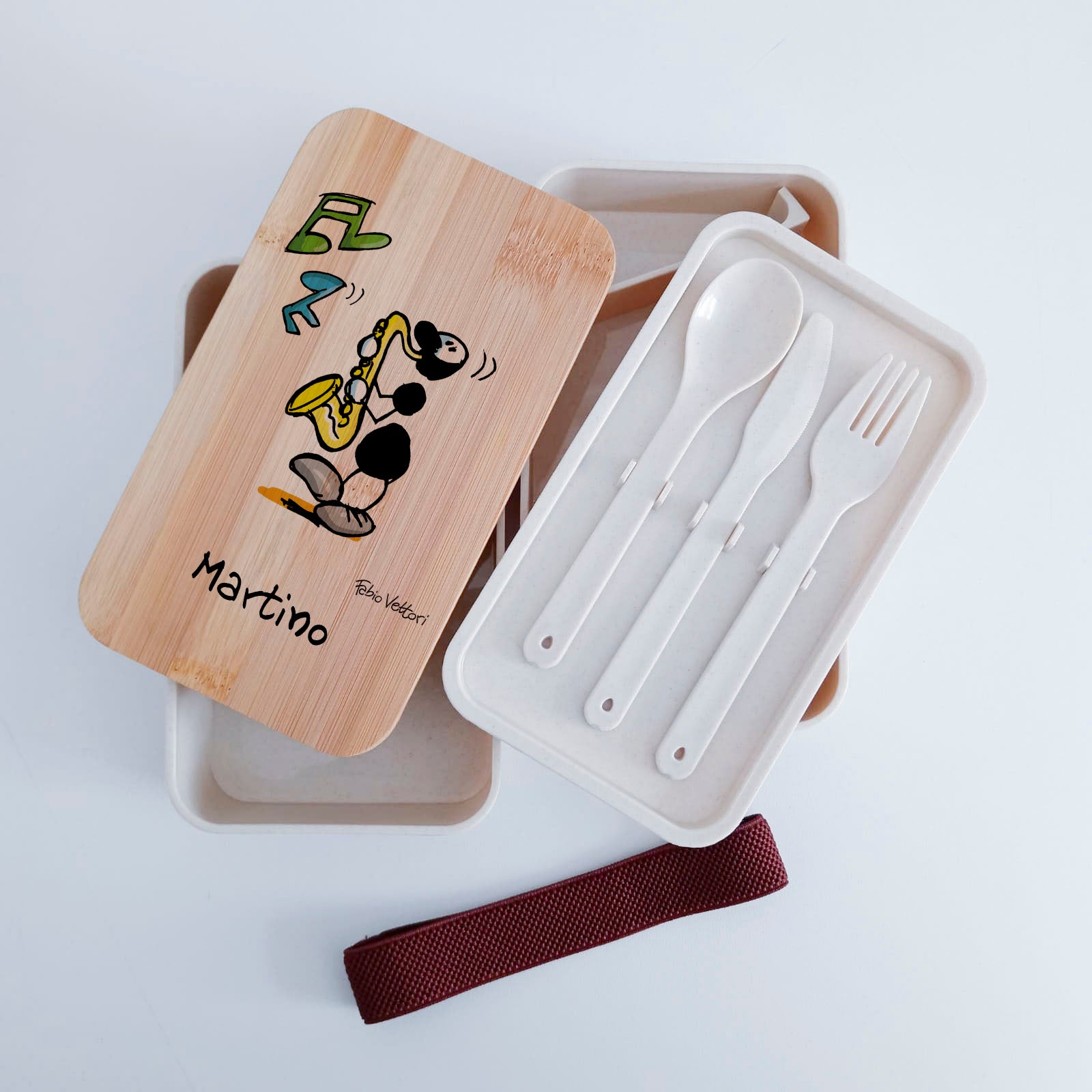 Lunch Box with Cutlery Holder Band Personalized with "Sax" Theme