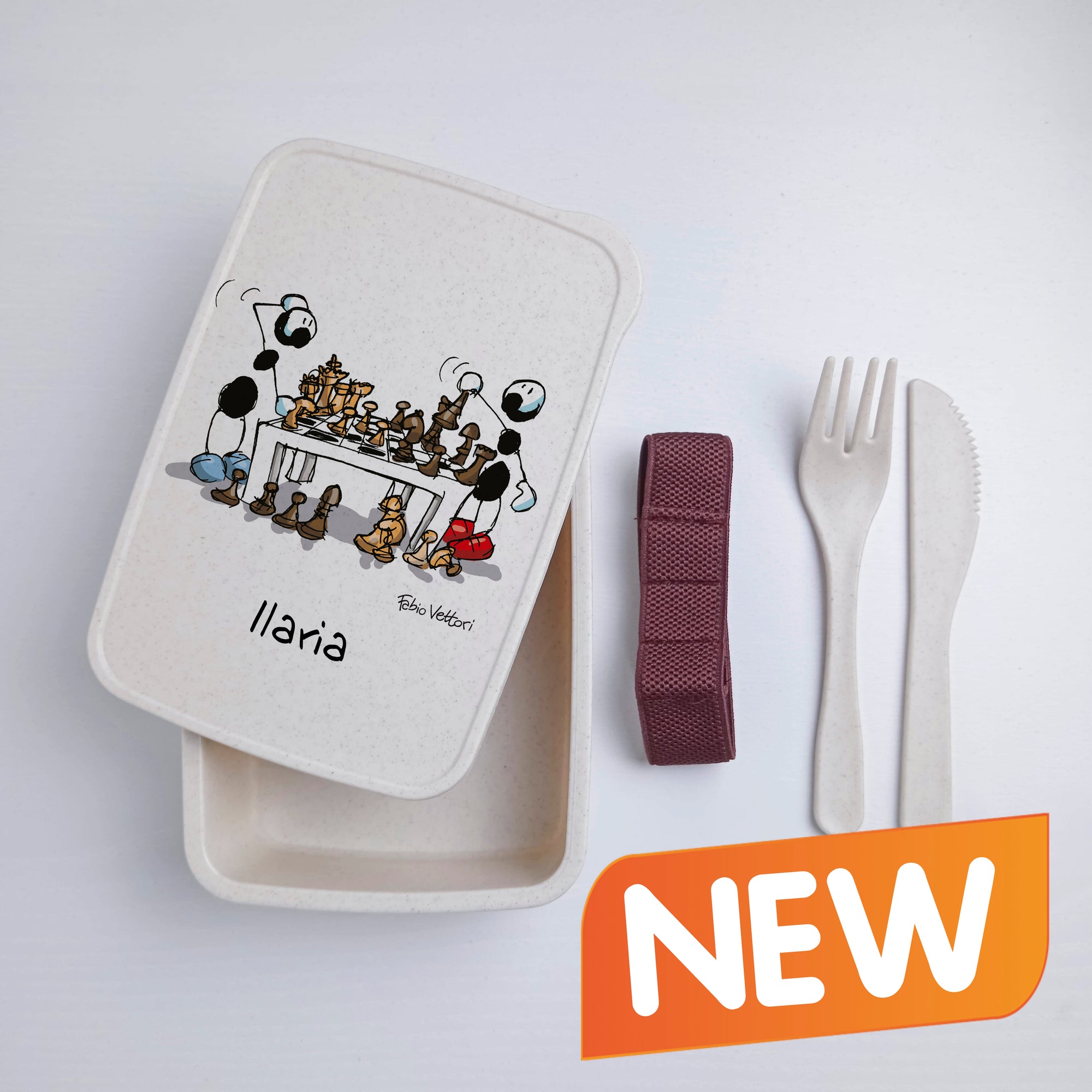 Scatola Porta Pranzo con Fascia Porta Posate Personalizzata soggetto "Scacchi"