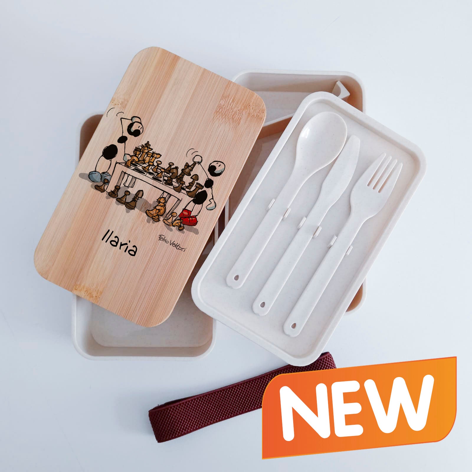 Scatola Porta Pranzo con coperchio in bambù e Posate Personalizzata soggetto "Scacchi"