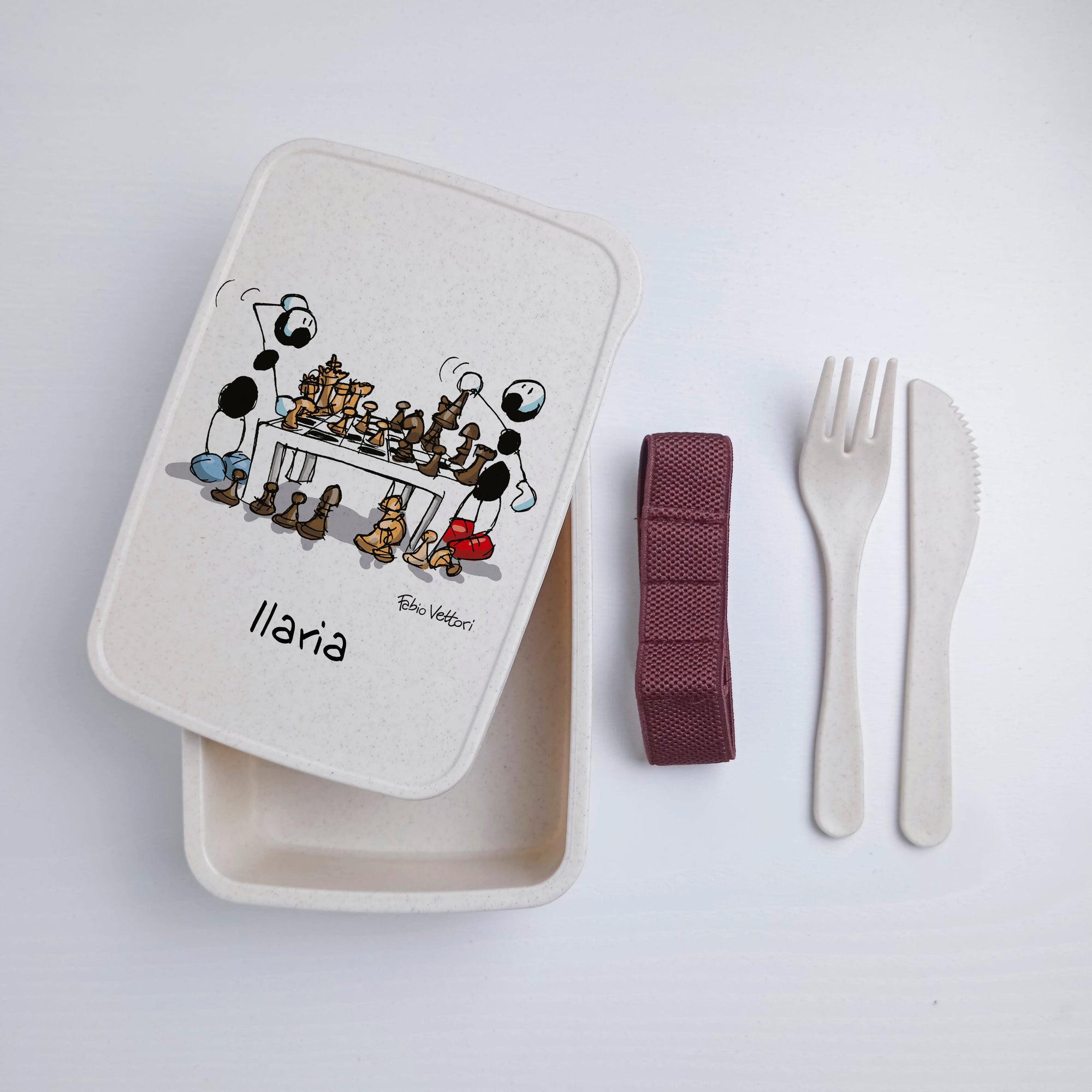 Scatola Porta Pranzo con Fascia Porta Posate Personalizzata soggetto "Scacchi"