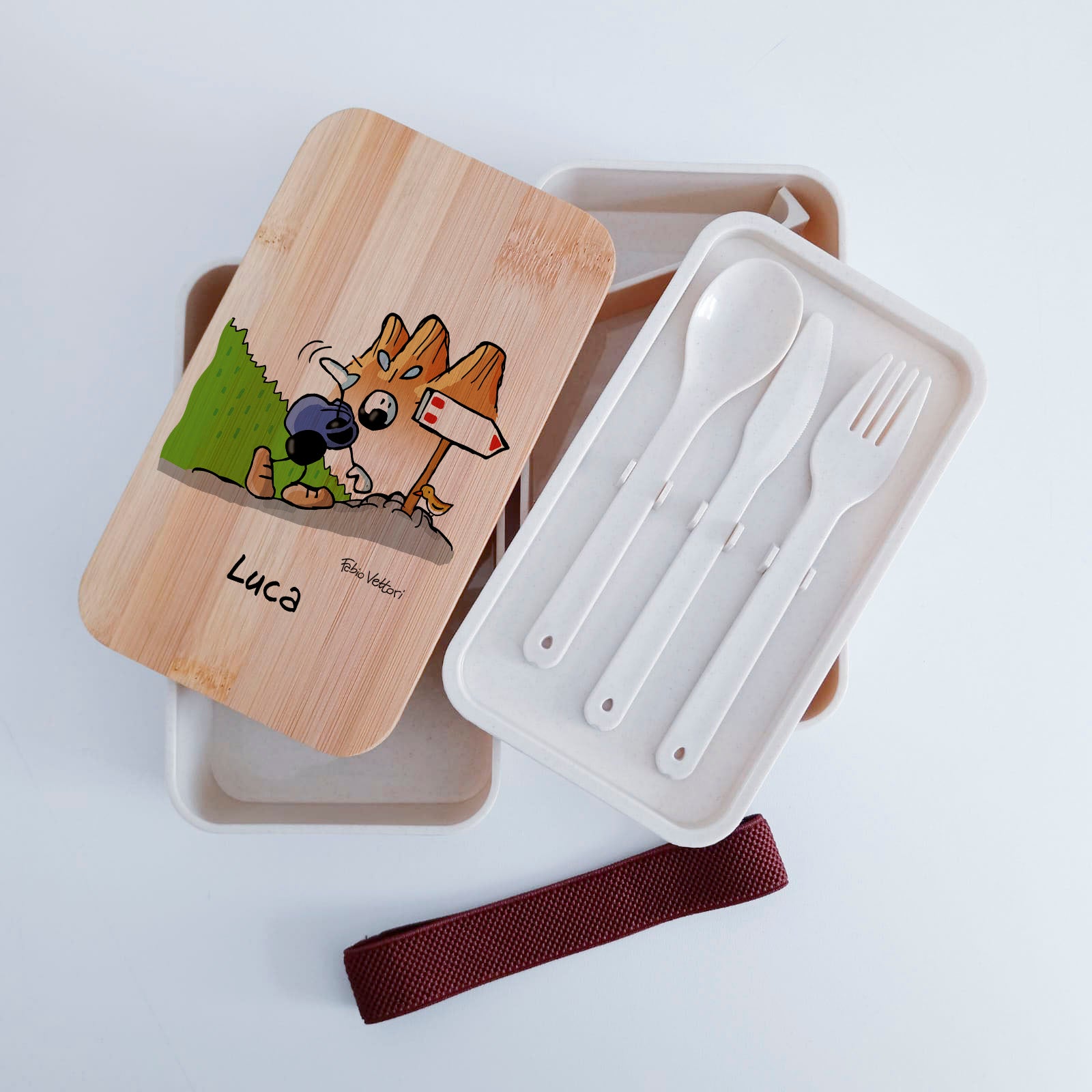 Scatola Porta Pranzo con coperchio in bambù e Posate Personalizzata soggetto "Scalatore"