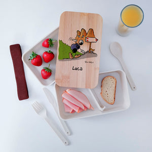Scatola Porta Pranzo con coperchio in bambù e Posate Personalizzata soggetto "Scalatore"