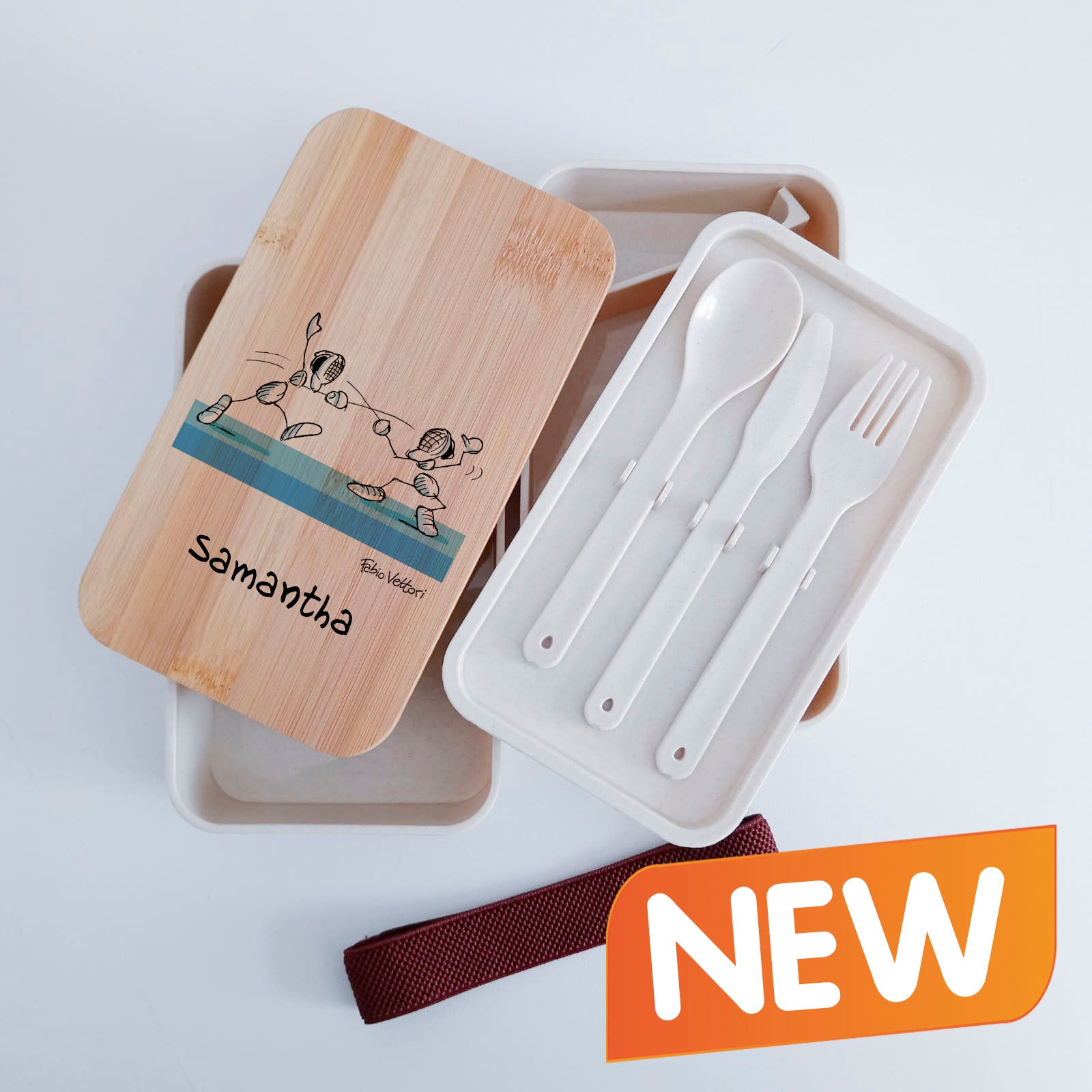 Scatola Porta Pranzo con coperchio in bambù e Posate Personalizzata soggetto "Scherma"