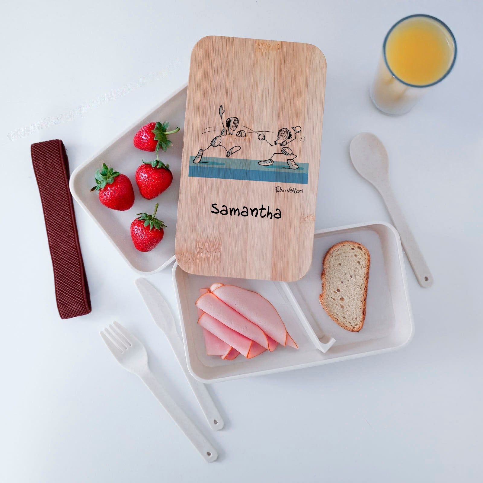 Scatola Porta Pranzo con coperchio in bambù e Posate Personalizzata soggetto "Scherma"