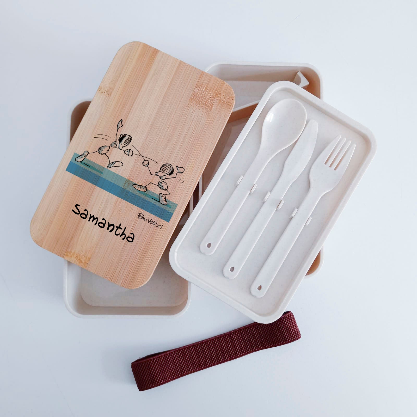 Scatola Porta Pranzo con coperchio in bambù e Posate Personalizzata soggetto "Scherma"