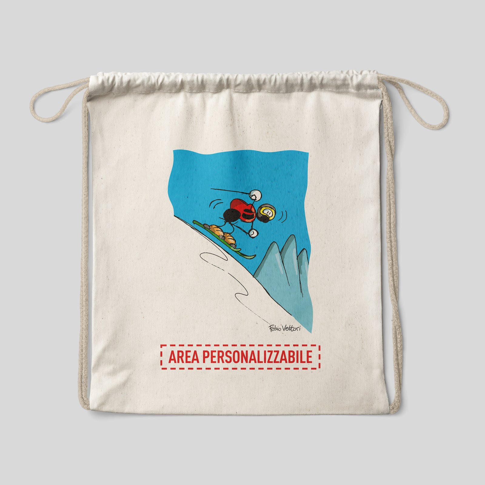 Sacca zaino personalizzata in cotone soggetto "Sciatori"