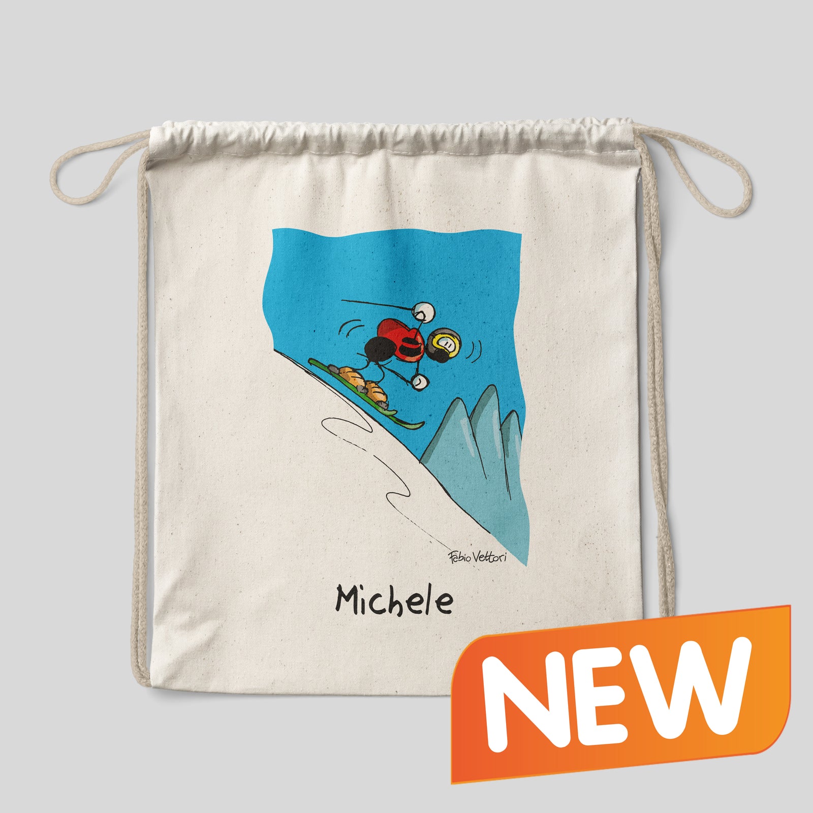 Sacca zaino personalizzata in cotone soggetto "Sciatori"