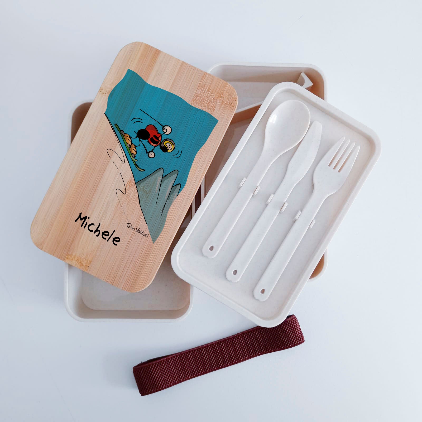Scatola Porta Pranzo con coperchio in bambù e Posate Personalizzata soggetto "Sciatori"