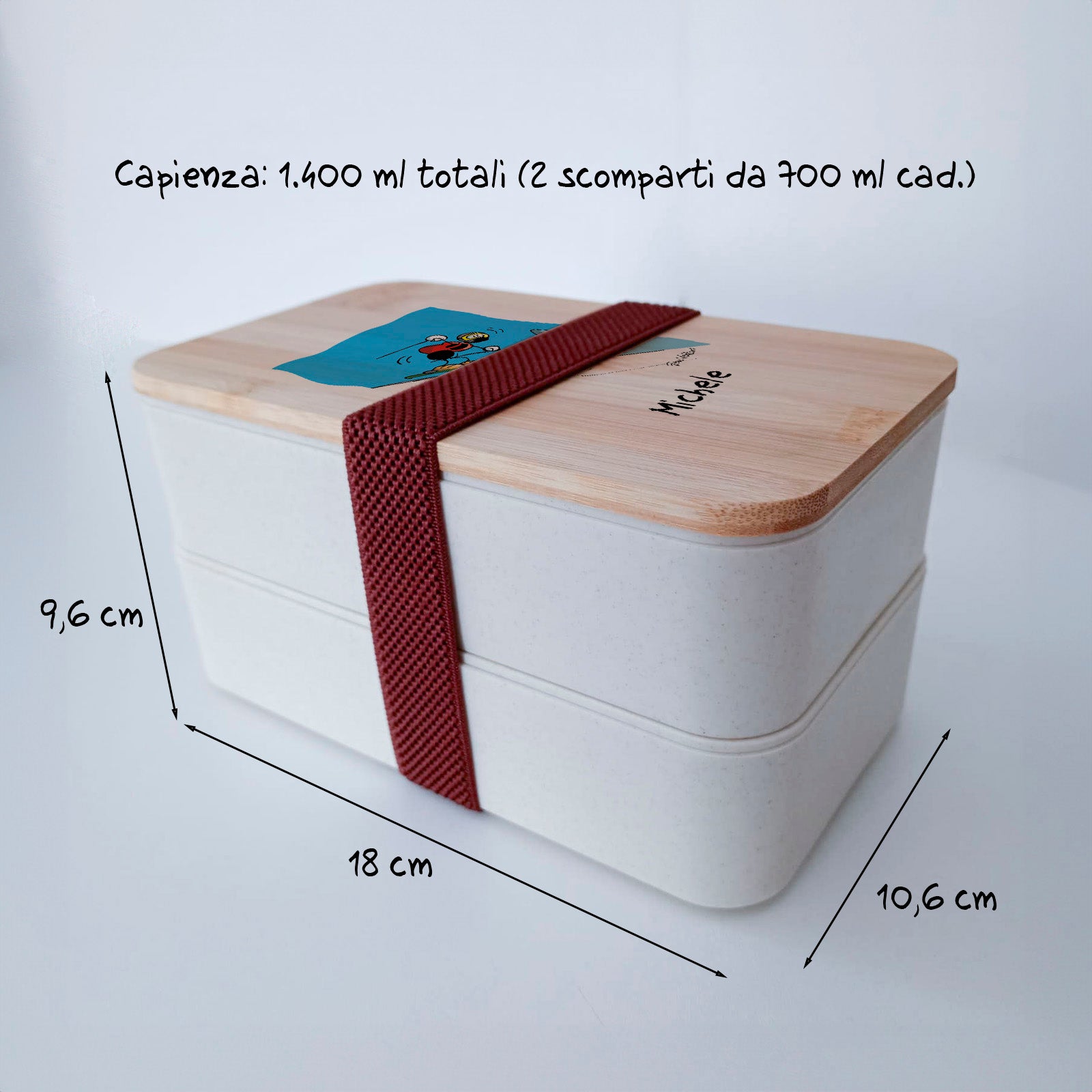 Scatola Porta Pranzo con coperchio in bambù e Posate Personalizzata soggetto "Sciatori"