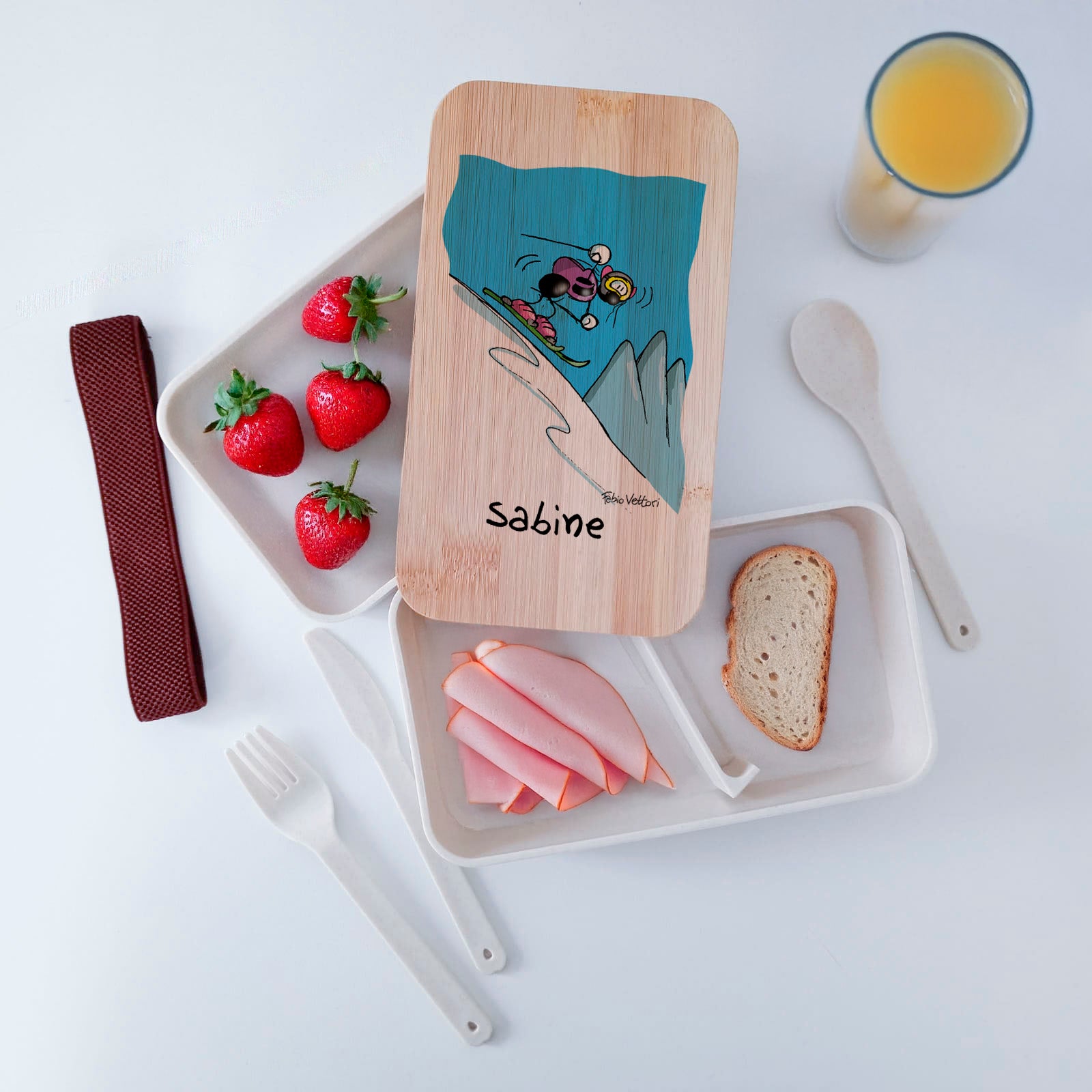 Scatola Porta Pranzo con coperchio in bambù e Posate Personalizzata soggetto "Sciatori"