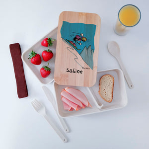 Scatola Porta Pranzo con coperchio in bambù e Posate Personalizzata soggetto "Sciatori"