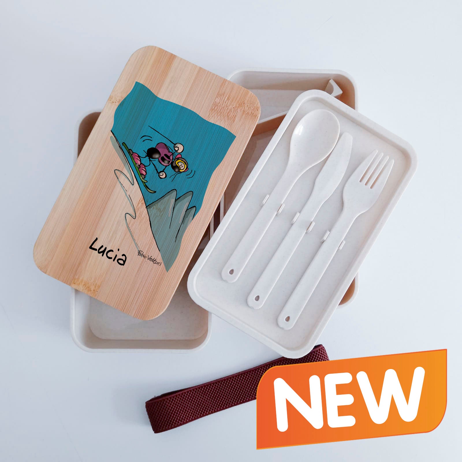 Scatola Porta Pranzo con coperchio in bambù e Posate Personalizzata soggetto "Sciatori"