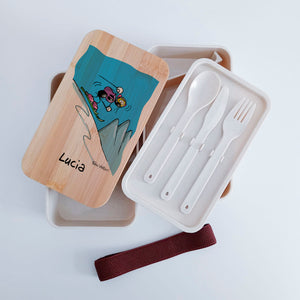 Scatola Porta Pranzo con coperchio in bambù e Posate Personalizzata soggetto "Sciatori"