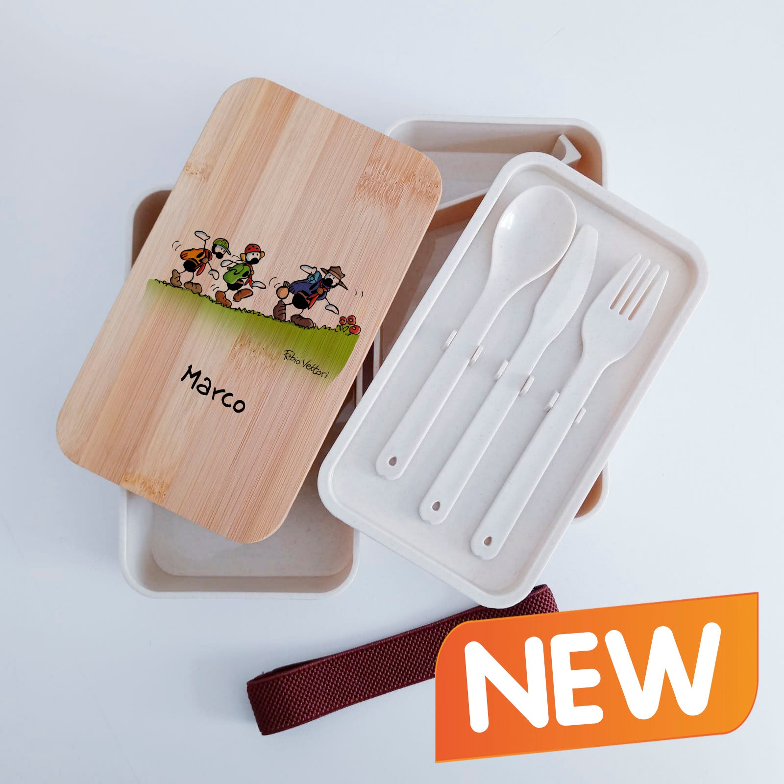 Scatola Porta Pranzo con coperchio in bambù e Posate Personalizzata soggetto "Scout"