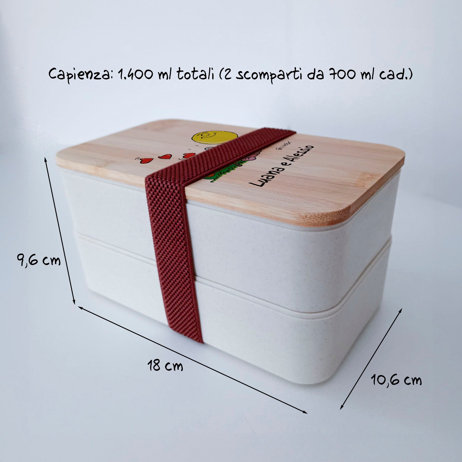 Scatola Porta Pranzo con coperchio in bambù e Posate Personalizzata soggetto "Serenata"