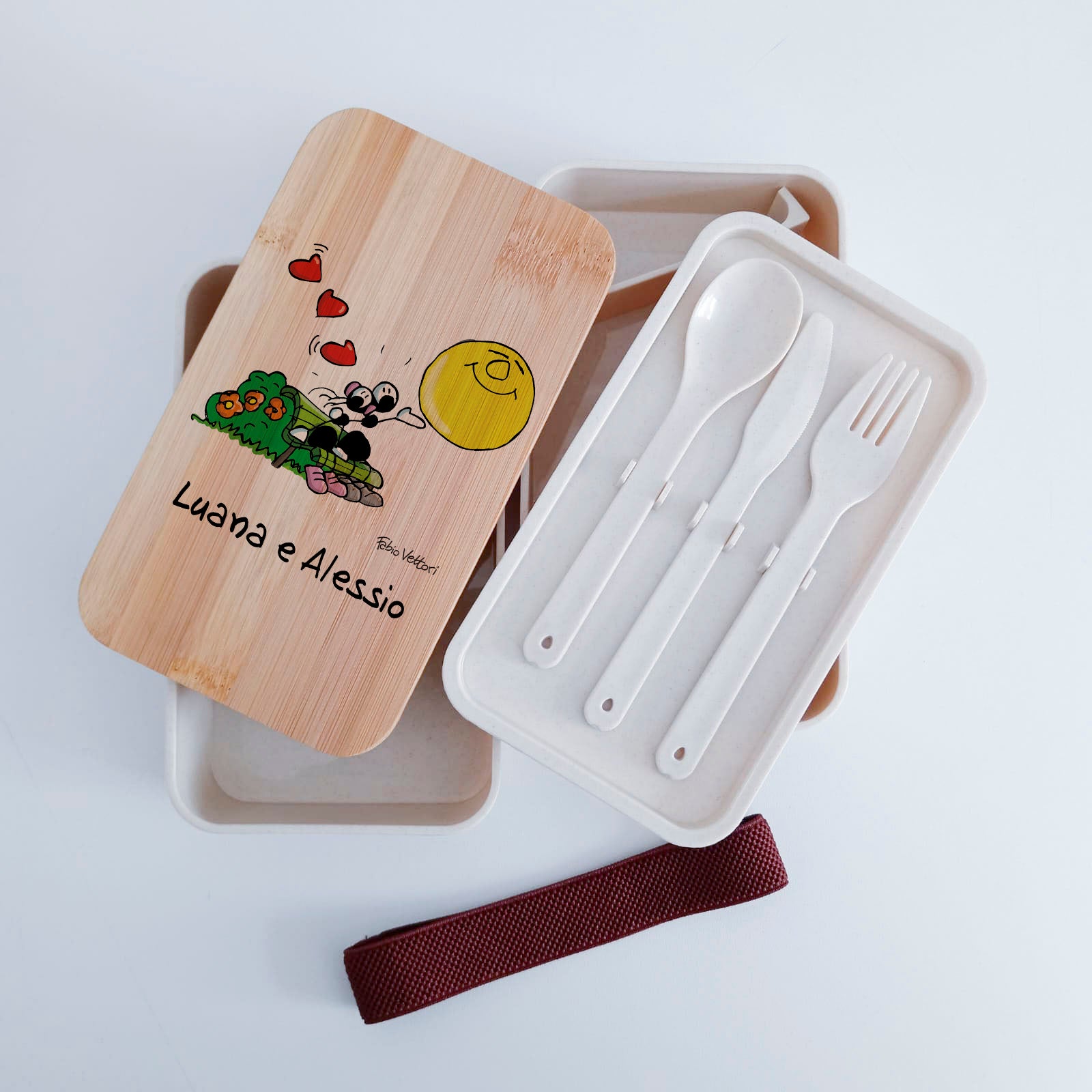 Scatola Porta Pranzo con coperchio in bambù e Posate Personalizzata soggetto "Serenata"