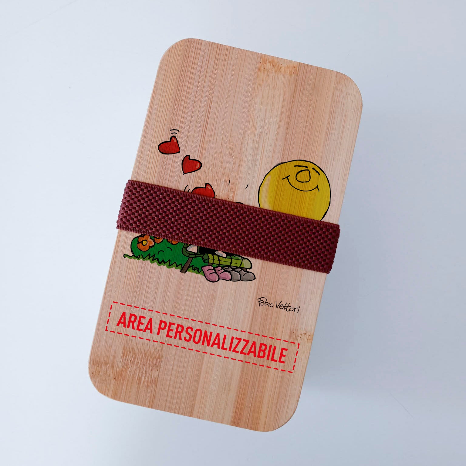 Scatola Porta Pranzo con coperchio in bambù e Posate Personalizzata soggetto "Serenata"