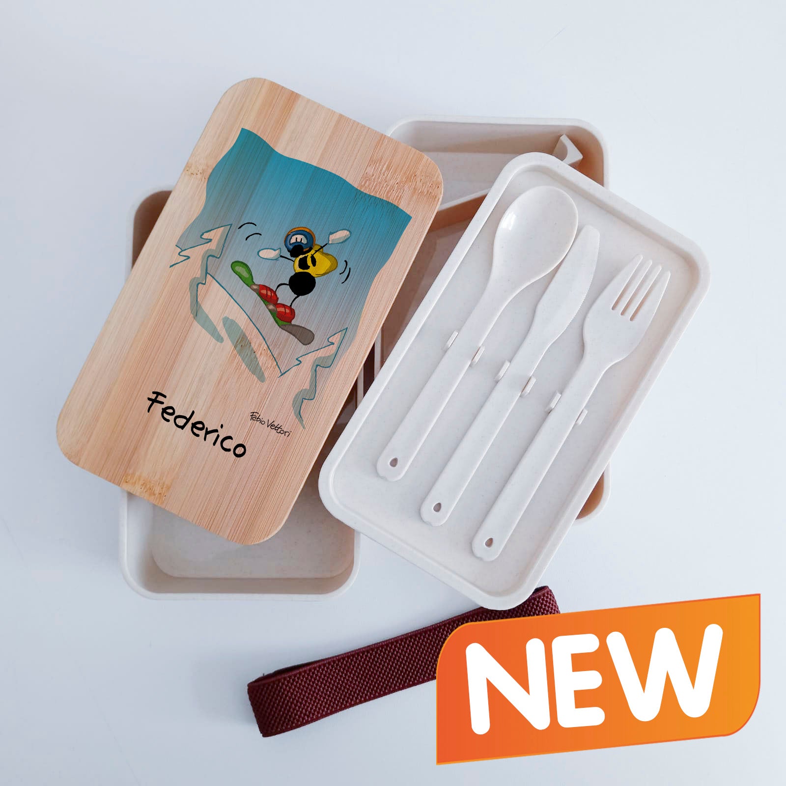 Scatola Porta Pranzo con coperchio in bambù e Posate Personalizzata soggetto "Snowboard"