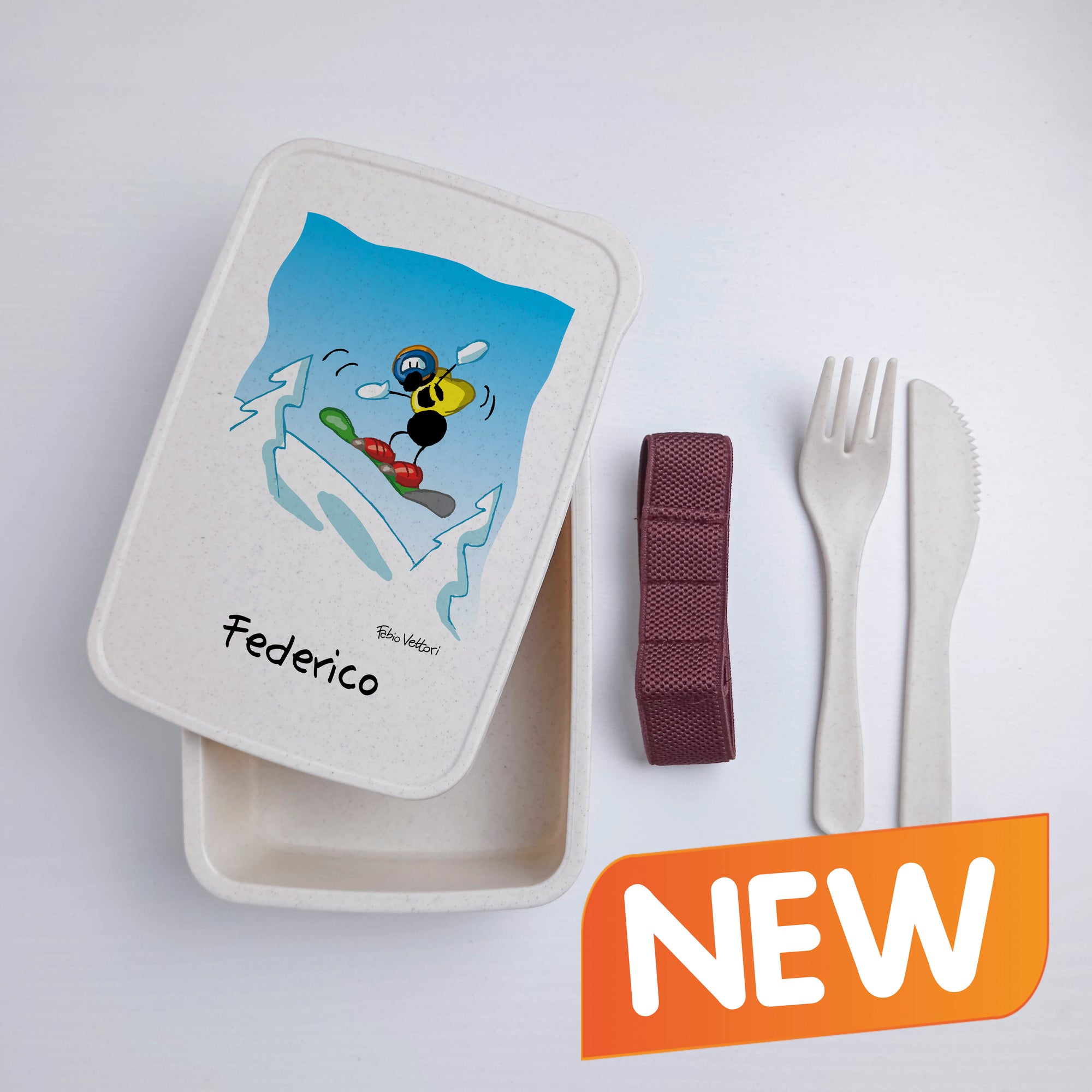 Lunch Box with Cutlery Holder Band Personalized "Snowboard" Subject