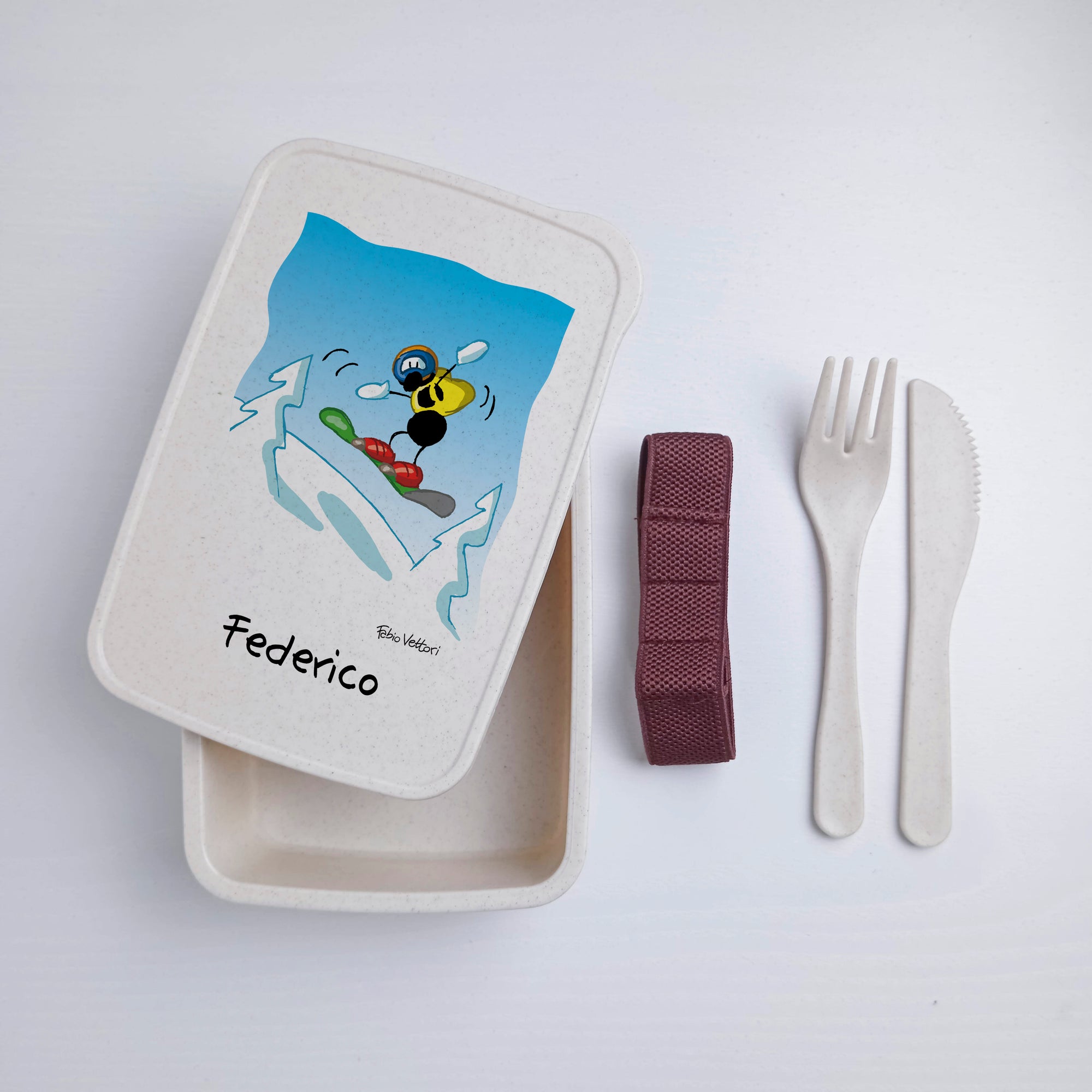 Lunch Box with Cutlery Holder Band Personalized "Snowboard" Subject