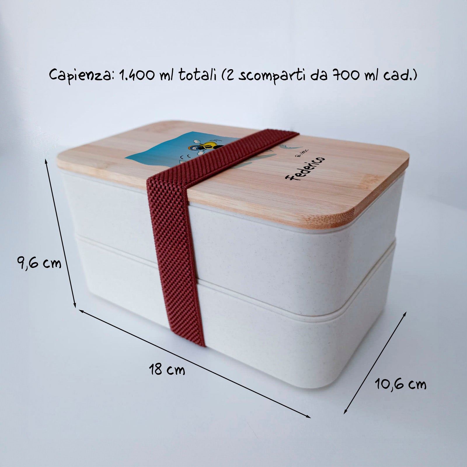 Scatola Porta Pranzo con coperchio in bambù e Posate Personalizzata soggetto "Snowboard"
