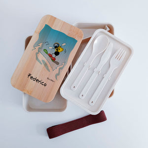 Scatola Porta Pranzo con coperchio in bambù e Posate Personalizzata soggetto "Snowboard"